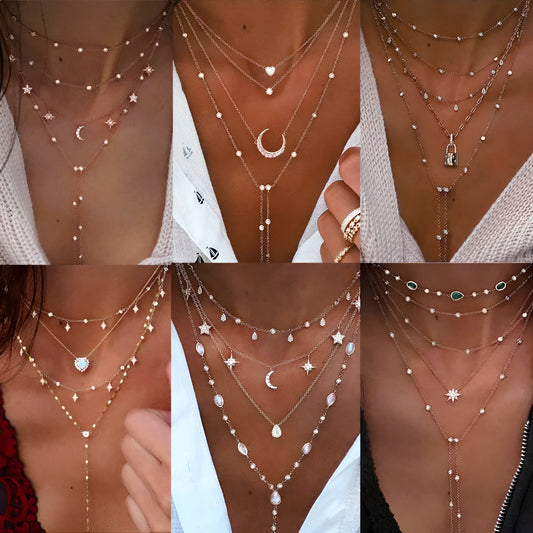 011 - Vintage Boho Multi-Layered Element Crystal Necklace