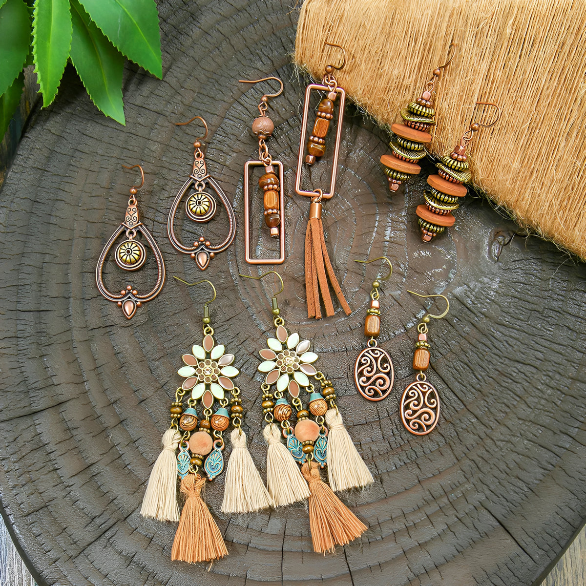 011 - Wooden Bohemian Drop Charm Earrings