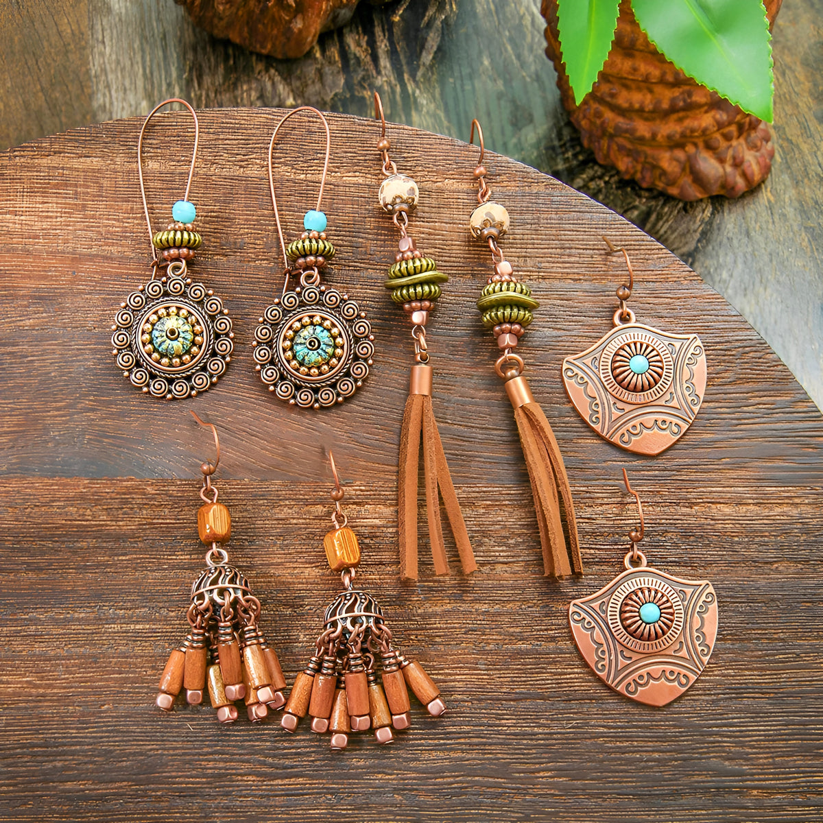 011 - Wooden Bohemian Drop Charm Earrings
