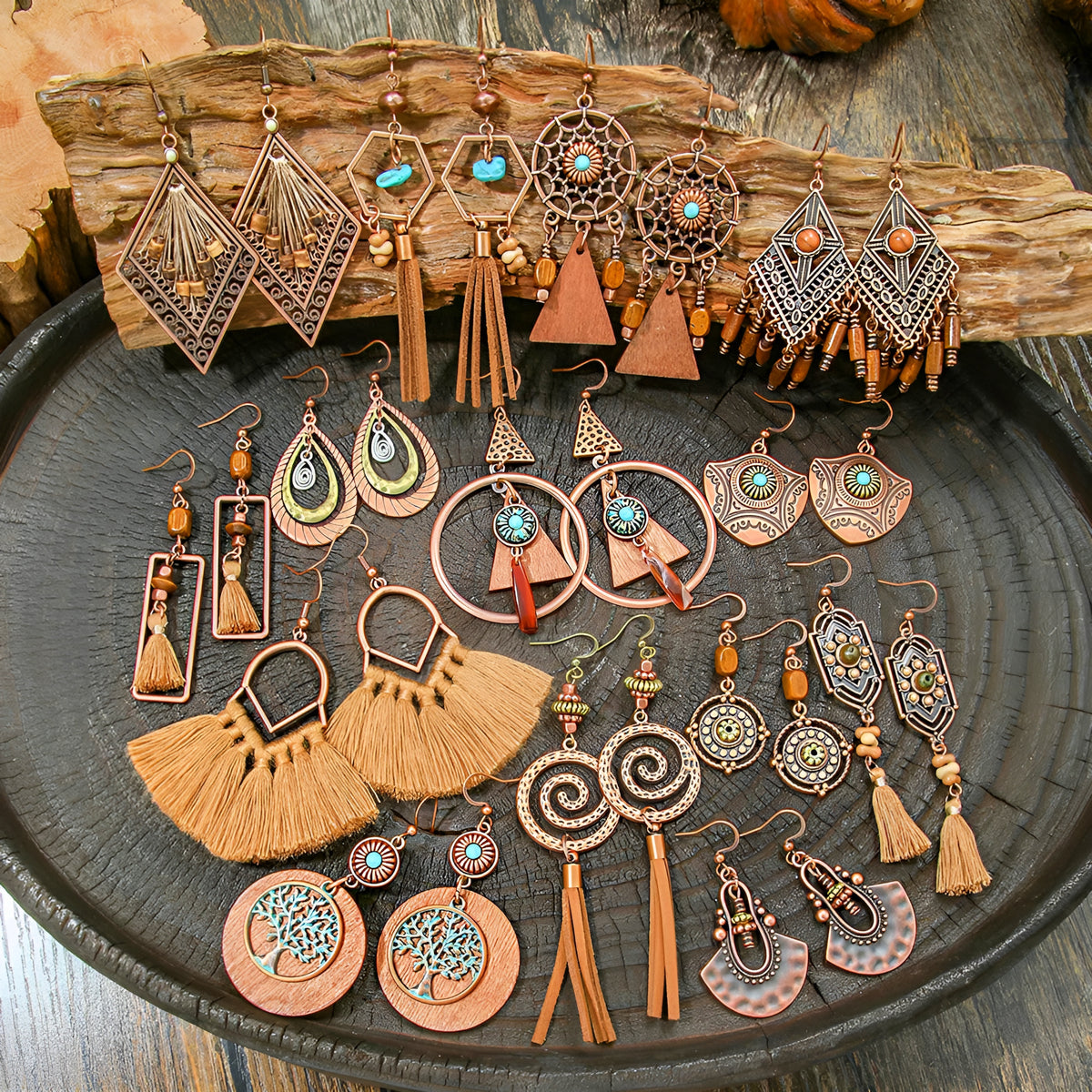 011 - Wooden Bohemian Drop Charm Earrings