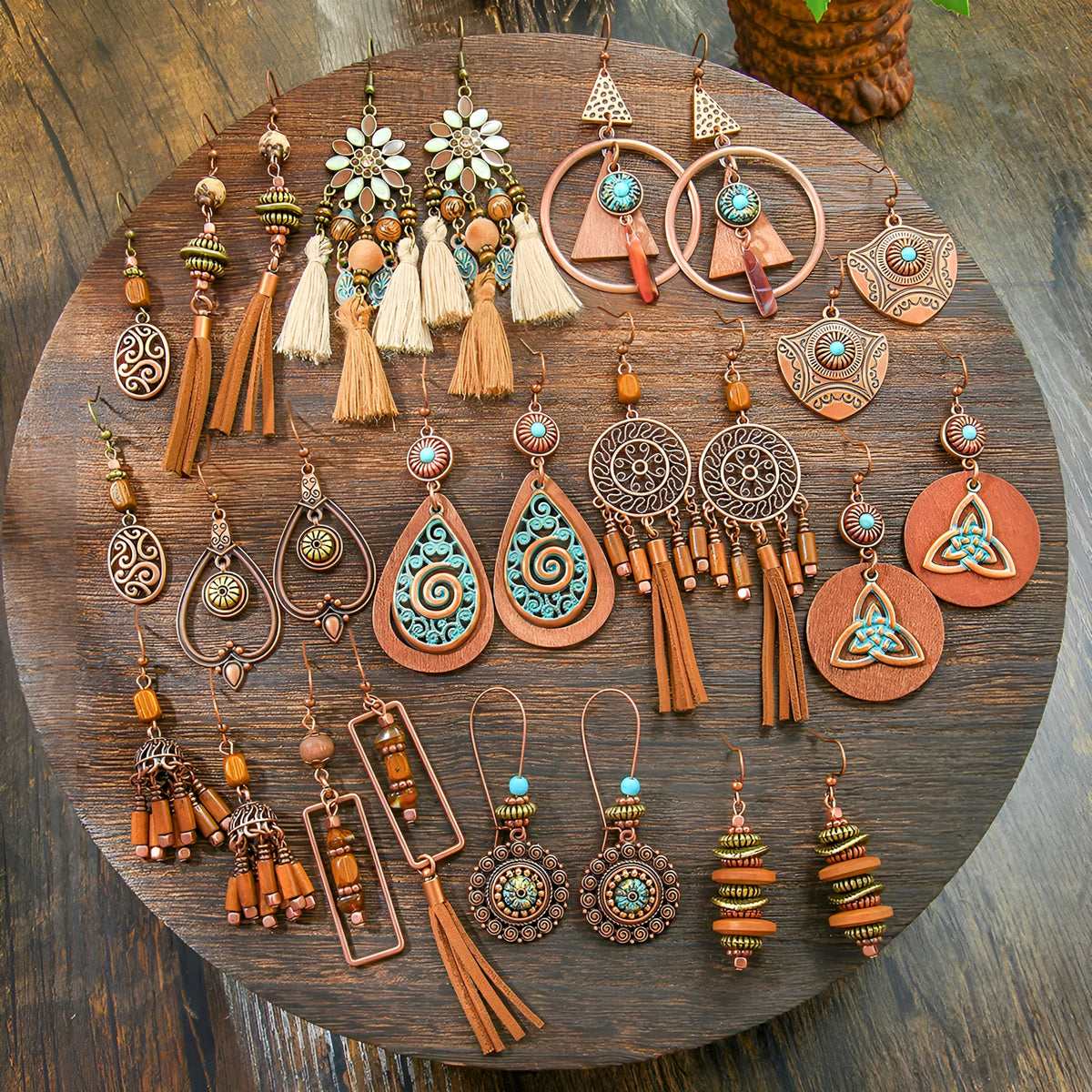 011 - Wooden Bohemian Drop Charm Earrings