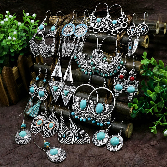 011 - Bohemian Vintage Tibetan Silver & Turquoise Geometric Drop Earrings