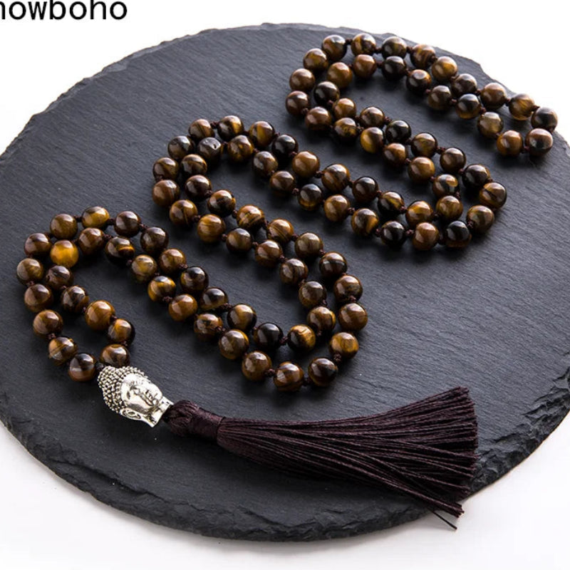 Natural Yellow Tiger's Eye 108 Japa Mala Beads w/ Guru Bead for Meditation