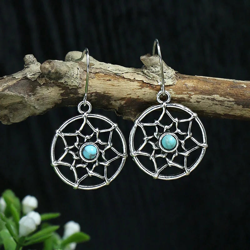 011 - Bohemian Vintage Tibetan Silver & Turquoise Geometric Drop Earrings