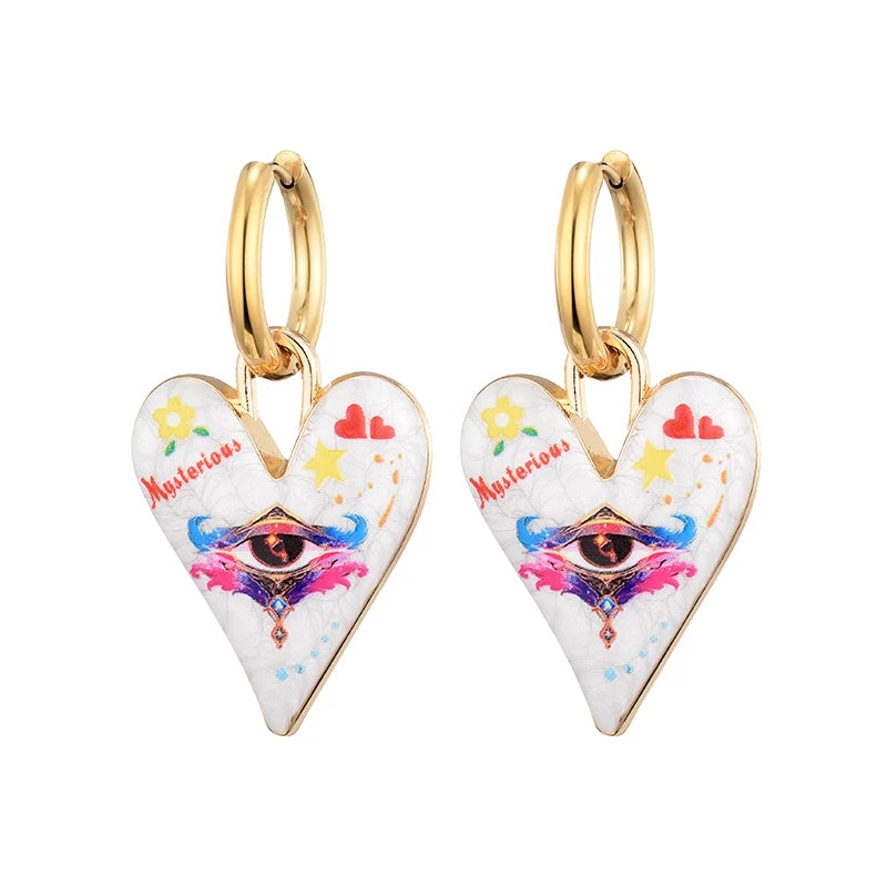 011 - Heart & Eye Stainless Steel Drop Charm Earrings