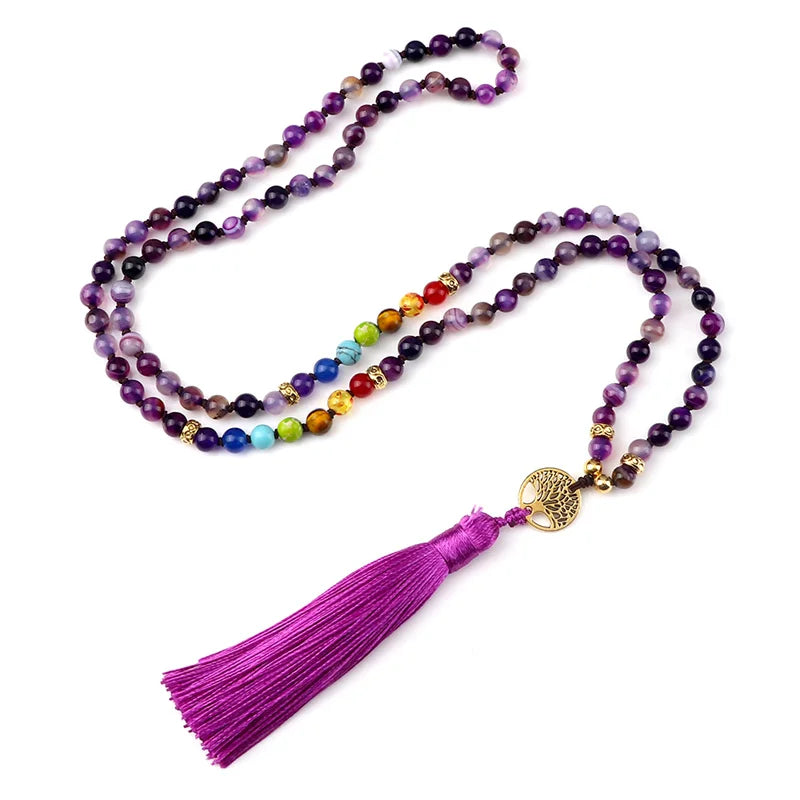 012 - Natural Agate Stone Chakra 108 Mala Beads Meditation Necklace