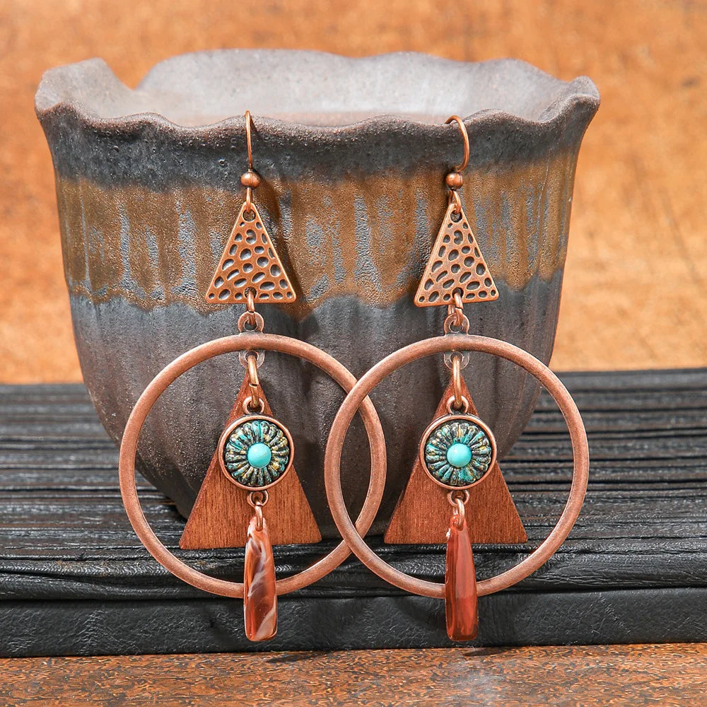 011 - Wooden Bohemian Drop Charm Earrings