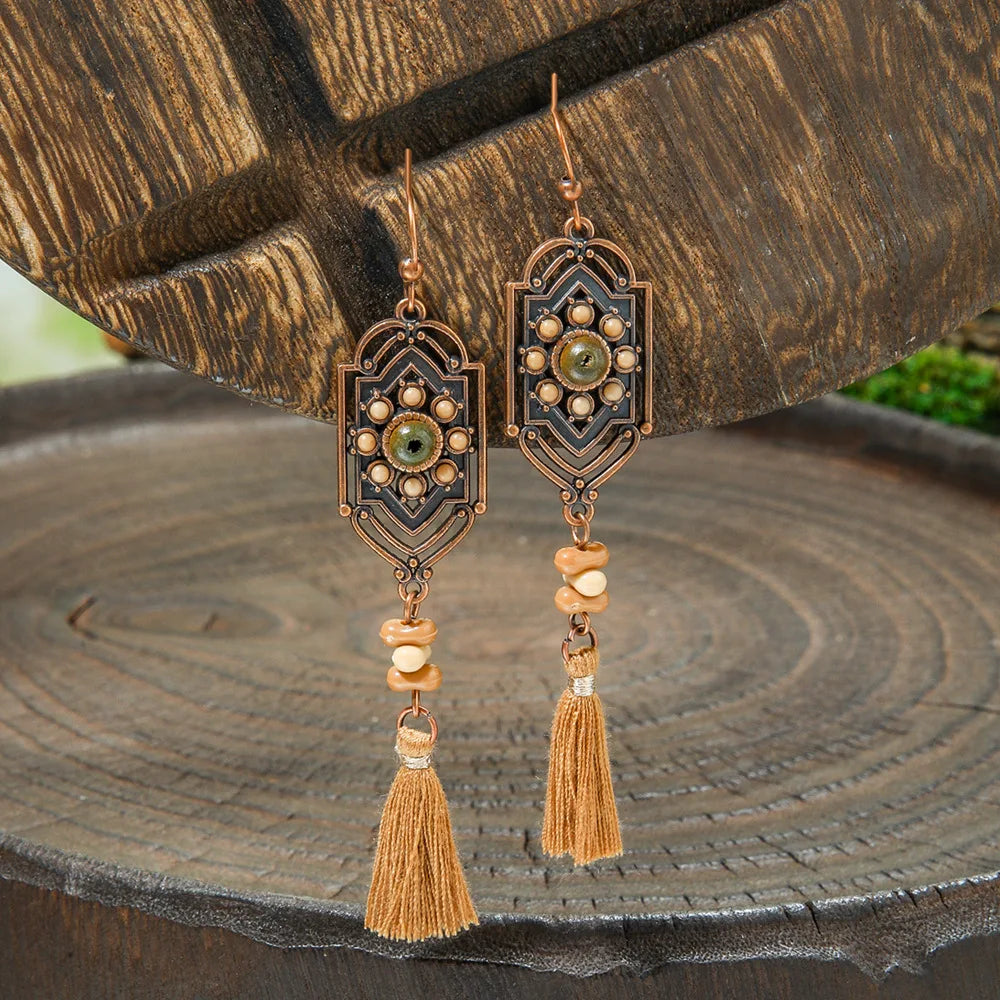 011 - Wooden Bohemian Drop Charm Earrings