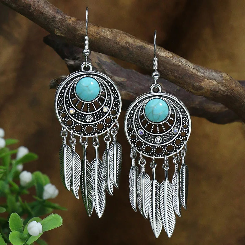 011 - Bohemian Vintage Tibetan Silver & Turquoise Geometric Drop Earrings