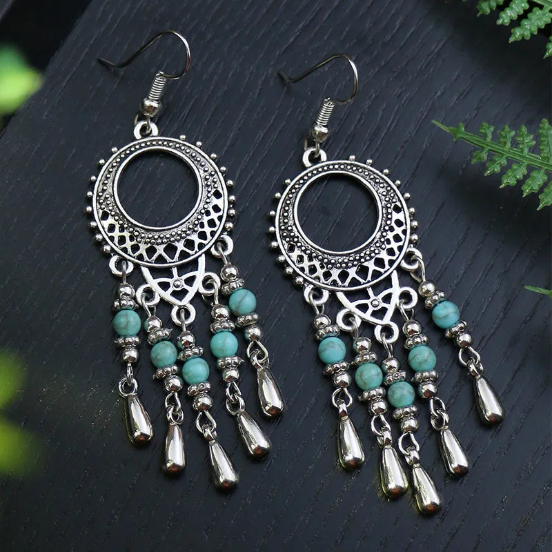 011 - Bohemian Vintage Tibetan Silver & Turquoise Geometric Drop Earrings