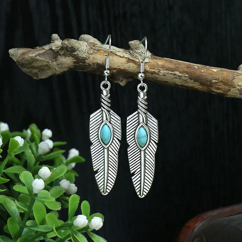 011 - Bohemian Vintage Tibetan Silver & Turquoise Geometric Drop Earrings