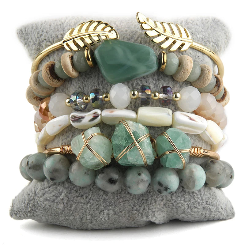 011 - Bohemian Designer Natural Stone Stackable Bracelet Set w/ Bangle
