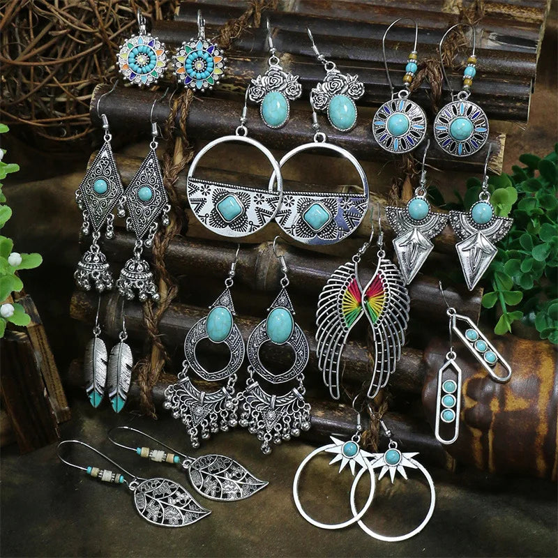 011 - Bohemian Vintage Tibetan Silver & Turquoise Geometric Drop Earrings