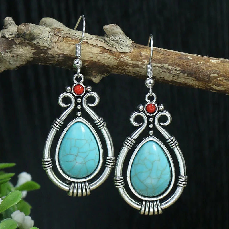011 - Bohemian Vintage Tibetan Silver & Turquoise Geometric Drop Earrings