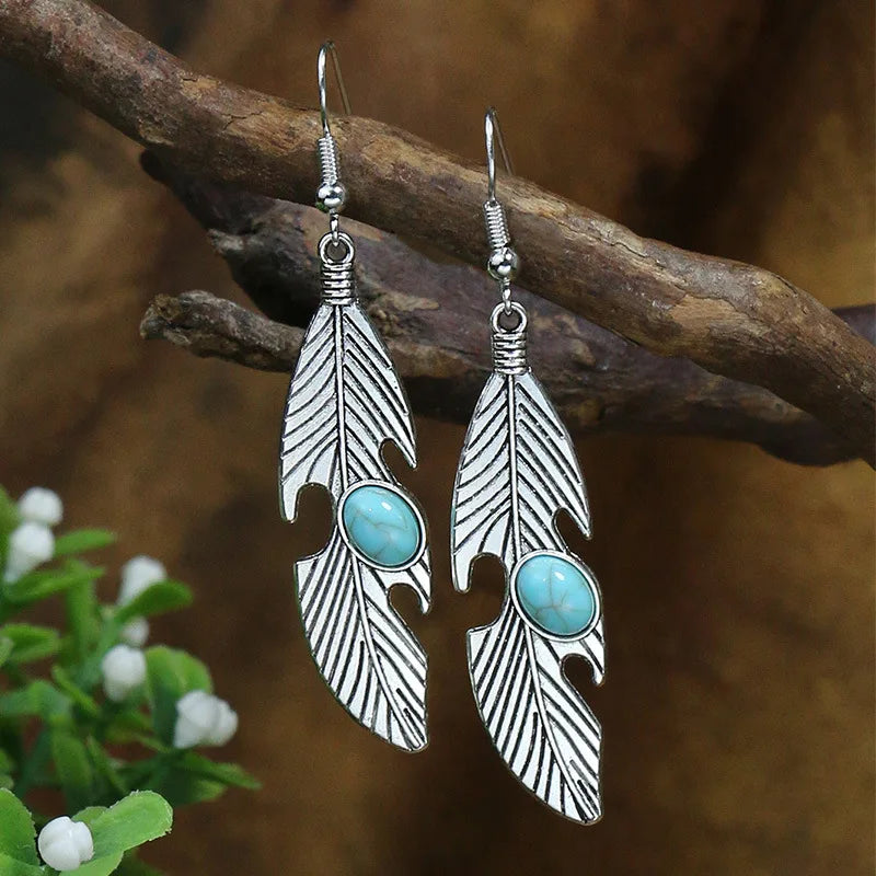 011 - Bohemian Vintage Tibetan Silver & Turquoise Geometric Drop Earrings