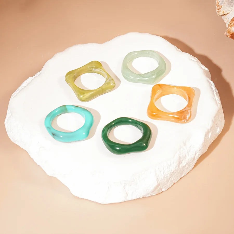 5pc smudged acrylic fashion ring set by DIVINE TIMES, colorful square rings in yellow, pale green, turquoise, dark green, and orange