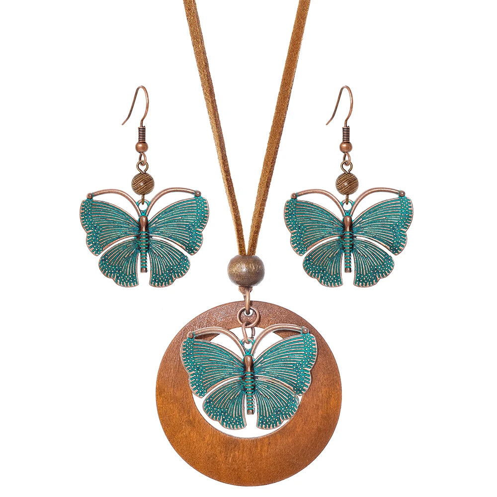 011 - Vintage Verdigris Boho Butterfly Necklace & Earrings Set