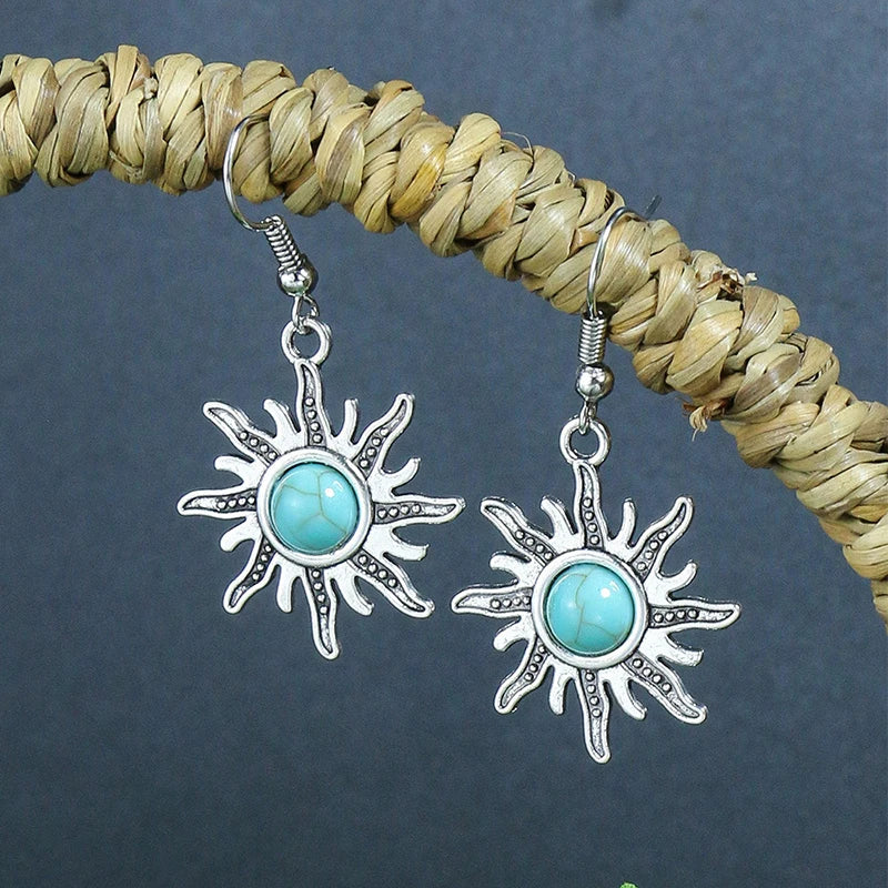 011 - Bohemian Vintage Tibetan Silver & Turquoise Geometric Drop Earrings