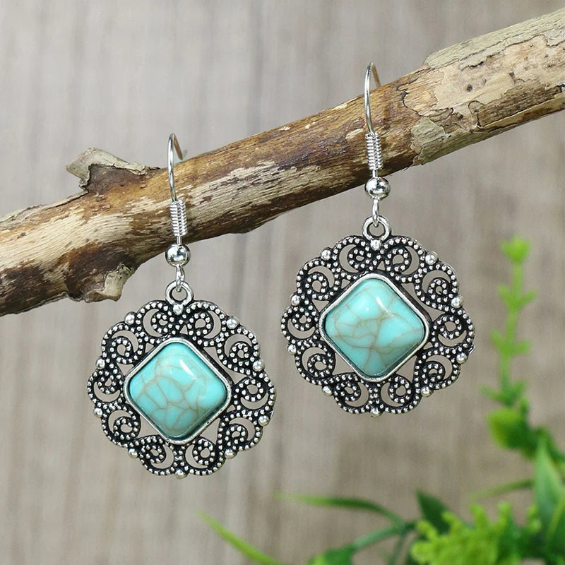 011 - Bohemian Vintage Tibetan Silver & Turquoise Geometric Drop Earrings