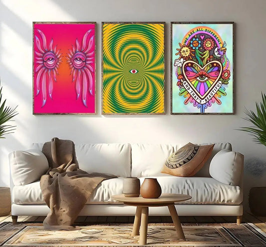 Canvas prints: 009 - Retro Abstract Canvas Print Wall Art, a 3-panel set hung above a white sofa.