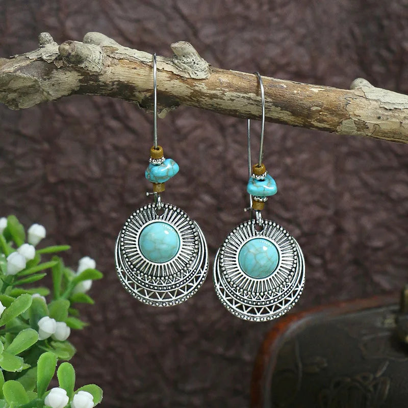 011 - Bohemian Vintage Tibetan Silver & Turquoise Geometric Drop Earrings