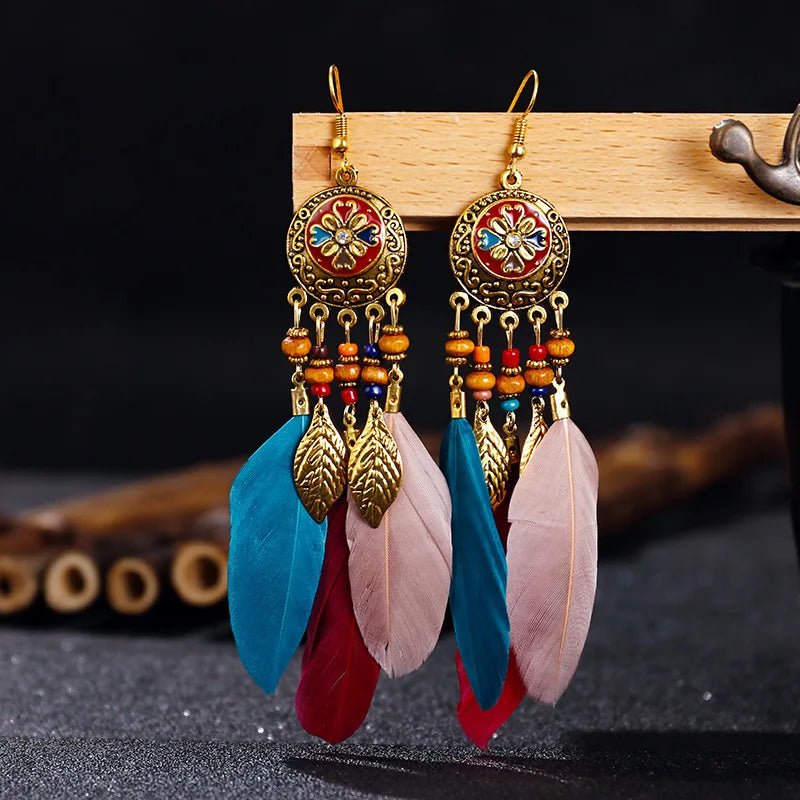 011 - Bohemian Vintage Leaf Feather Earrings