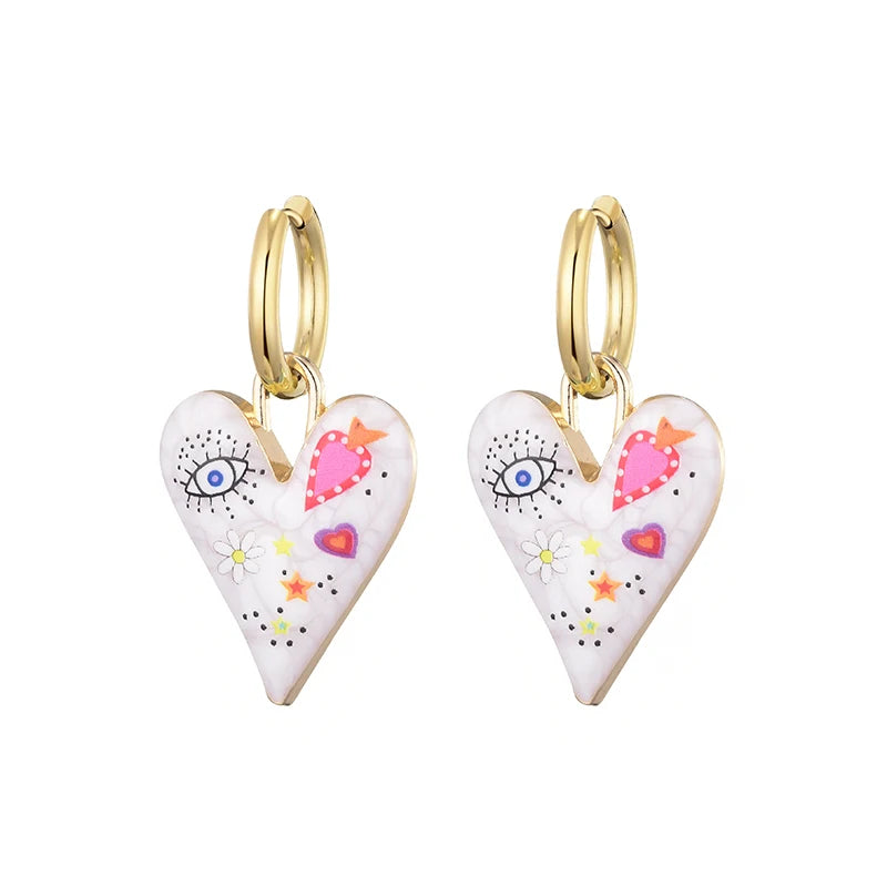 011 - Heart & Eye Stainless Steel Drop Charm Earrings