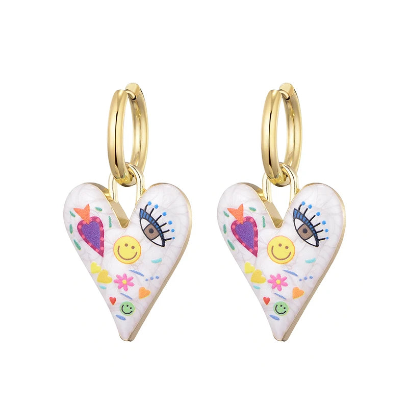 011 - Heart & Eye Stainless Steel Drop Charm Earrings