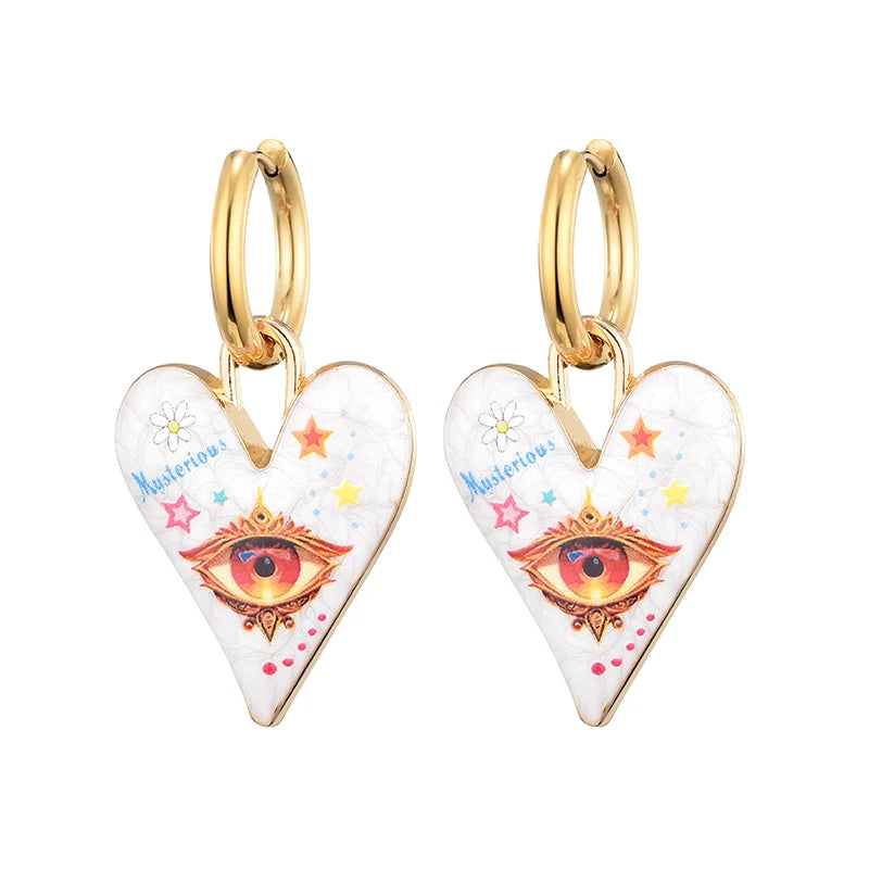 011 - Heart & Eye Stainless Steel Drop Charm Earrings