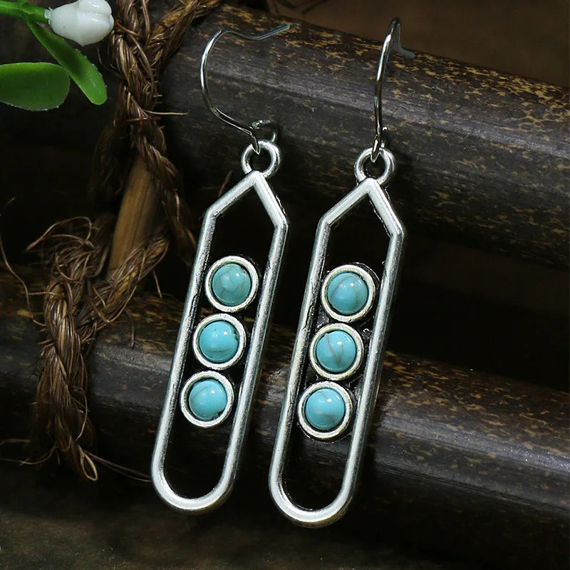011 - Bohemian Vintage Tibetan Silver & Turquoise Geometric Drop Earrings