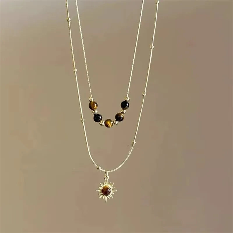 011 - Tiger's Eye Sun Multi-Layered Pendant Necklace
