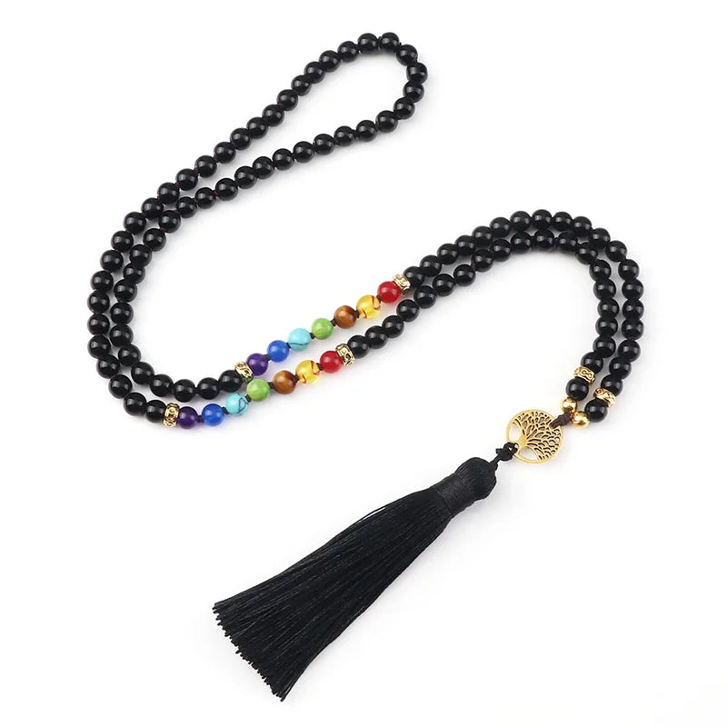 012 - Natural Agate Stone Chakra 108 Mala Beads Meditation Necklace