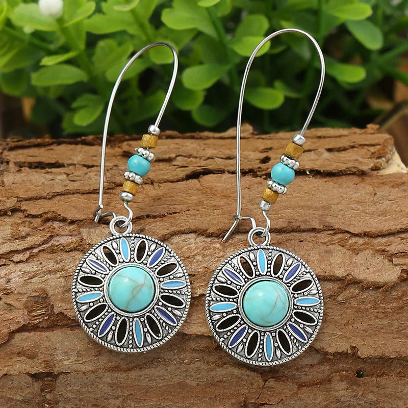 011 - Bohemian Vintage Tibetan Silver & Turquoise Geometric Drop Earrings