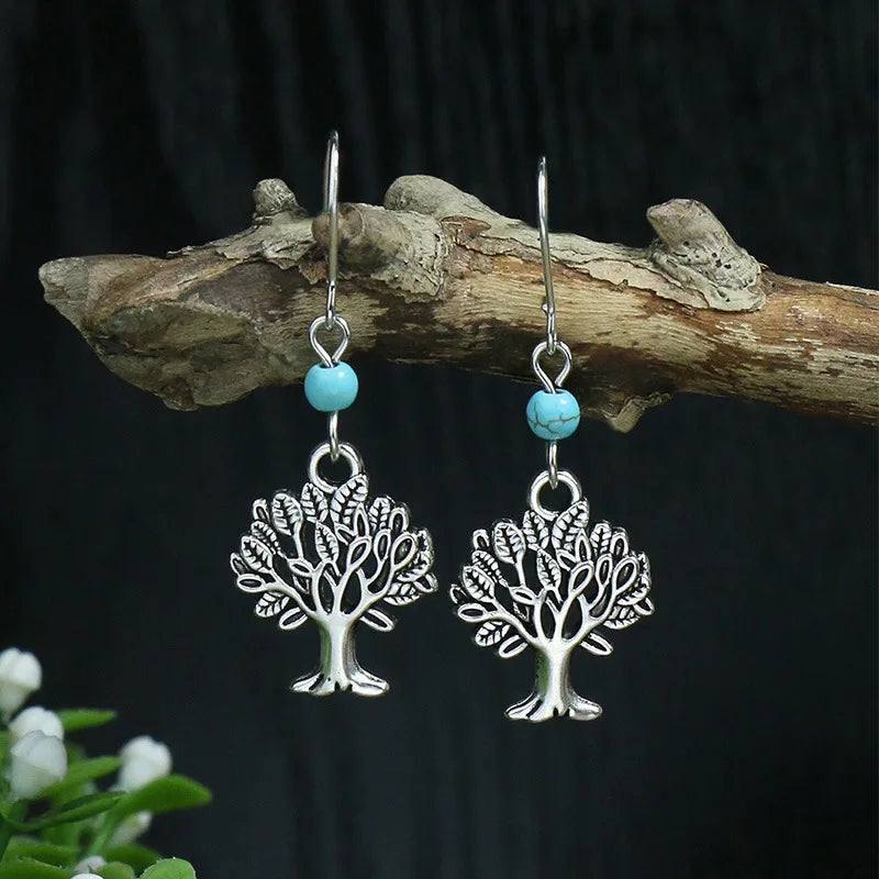 011 - Bohemian Vintage Tibetan Silver & Turquoise Geometric Drop Earrings