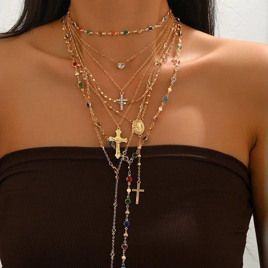 011 - Boho Multi-Layer Cross & Madonna Pendant Necklace Set