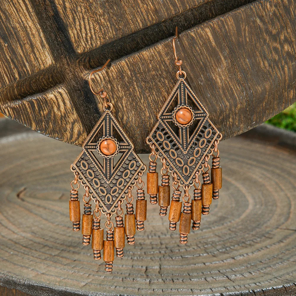 011 - Wooden Bohemian Drop Charm Earrings