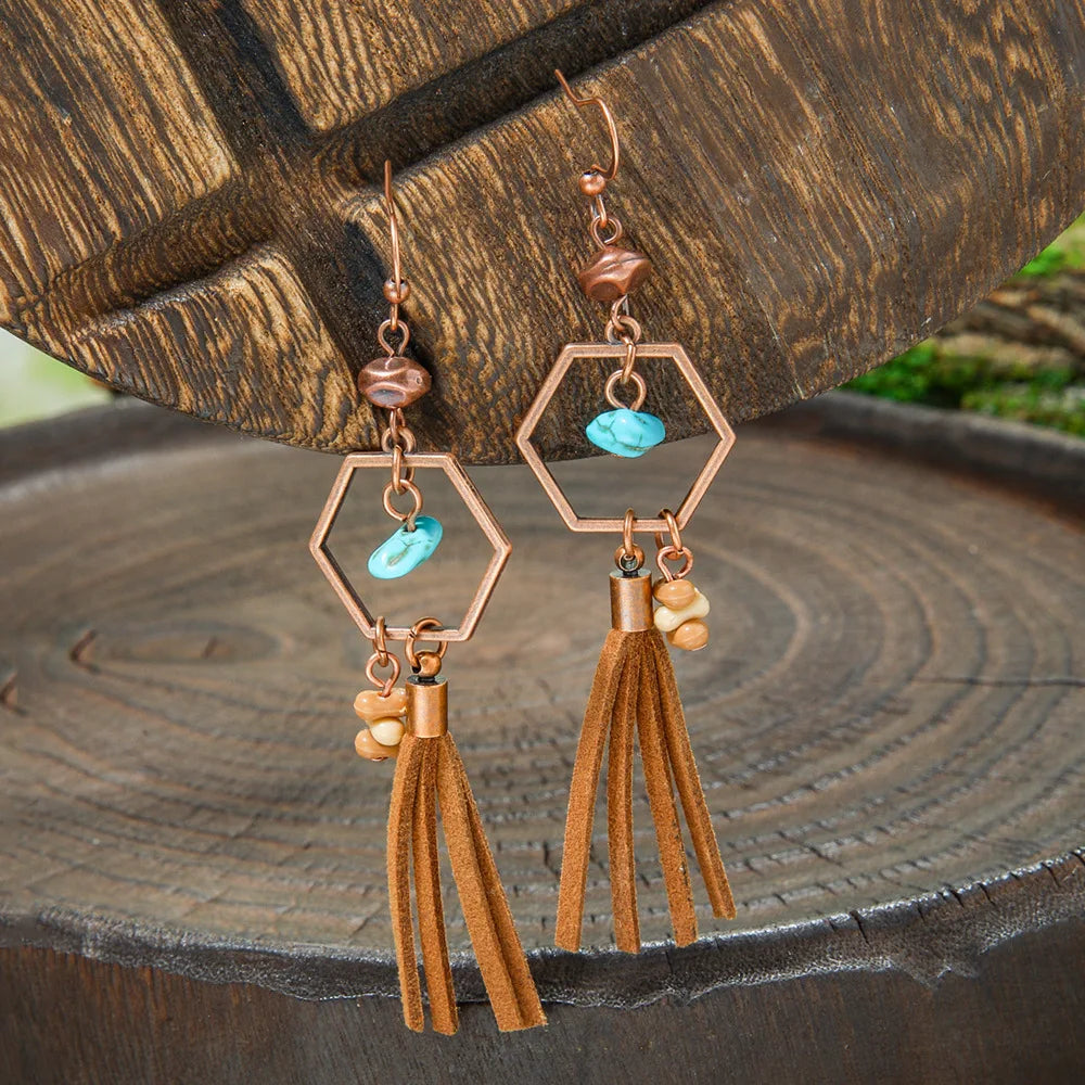 011 - Wooden Bohemian Drop Charm Earrings