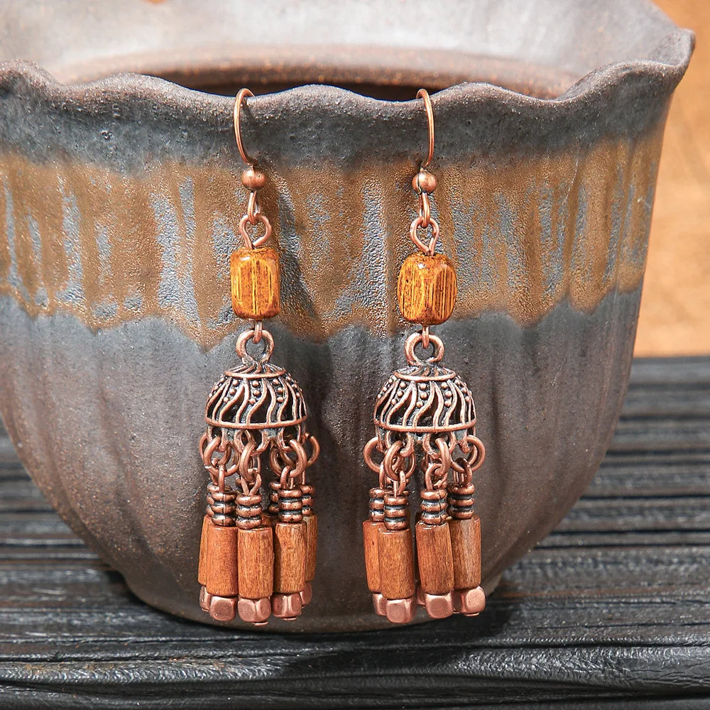 011 - Wooden Bohemian Drop Charm Earrings