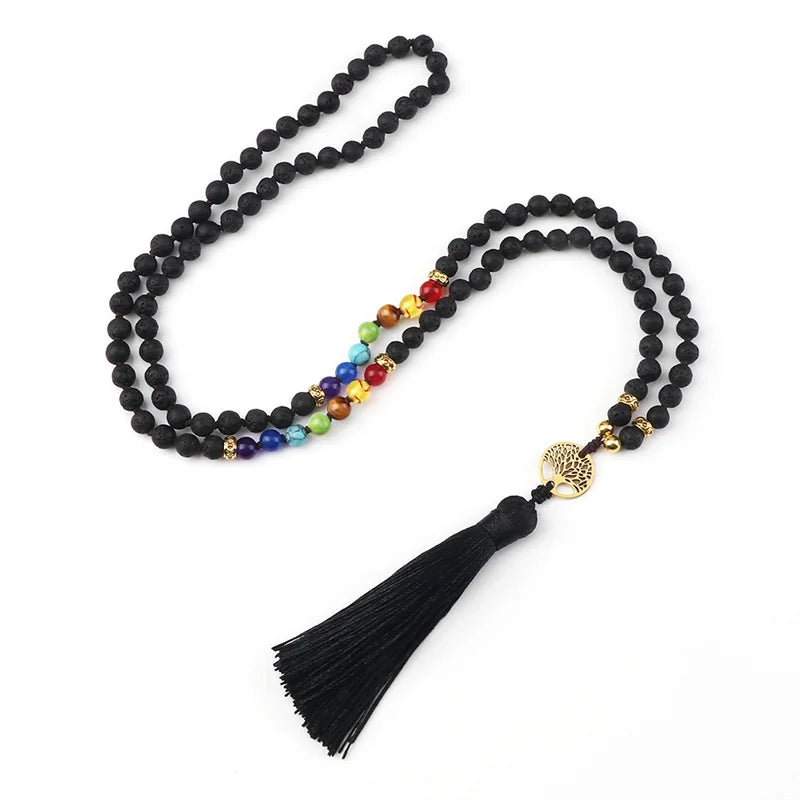 012 - Natural Agate Stone Chakra 108 Mala Beads Meditation Necklace