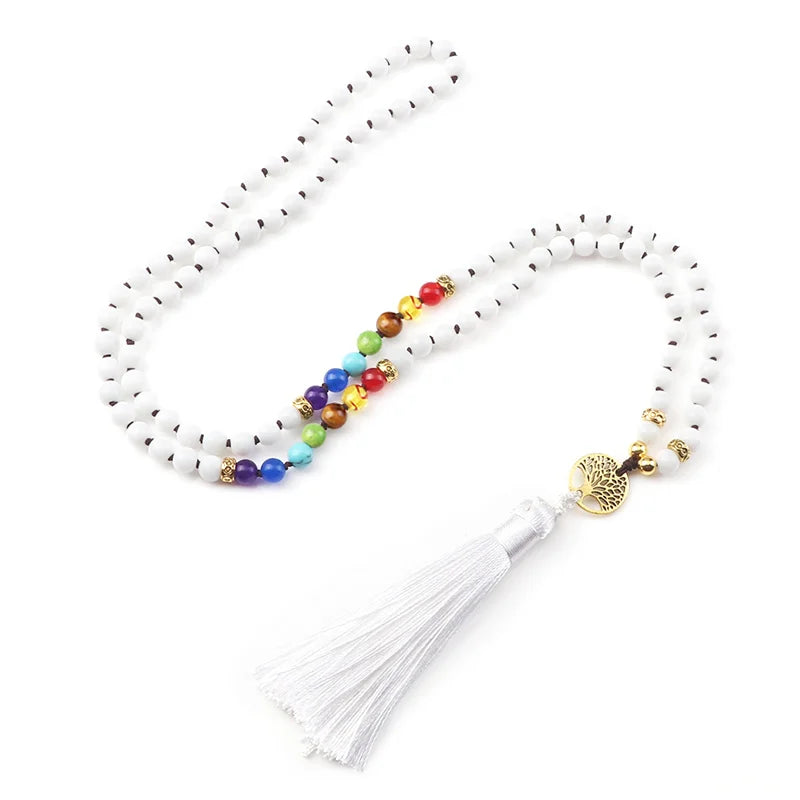 012 - Natural Agate Stone Chakra 108 Mala Beads Meditation Necklace