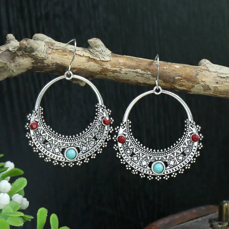 011 - Bohemian Vintage Tibetan Silver & Turquoise Geometric Drop Earrings