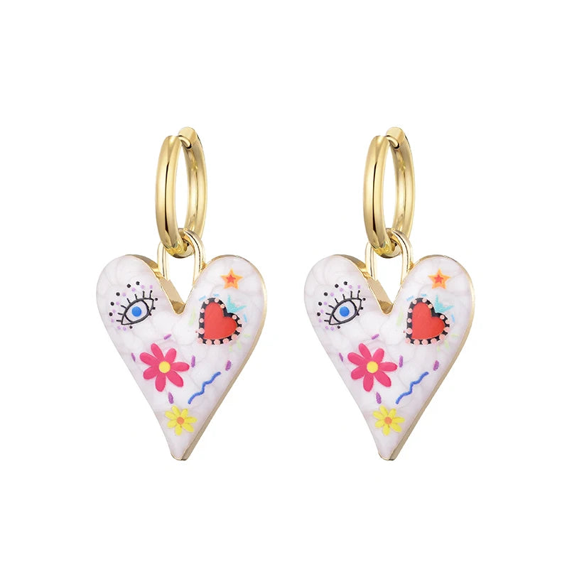 011 - Heart & Eye Stainless Steel Drop Charm Earrings