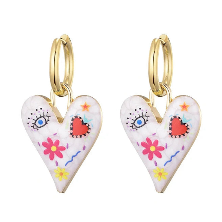 011 - Heart & Eye Stainless Steel Drop Charm Earrings