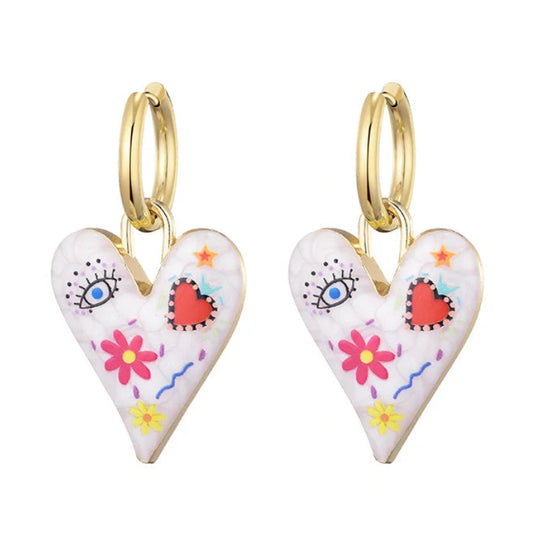 011 - Heart & Eye Stainless Steel Drop Charm Earrings