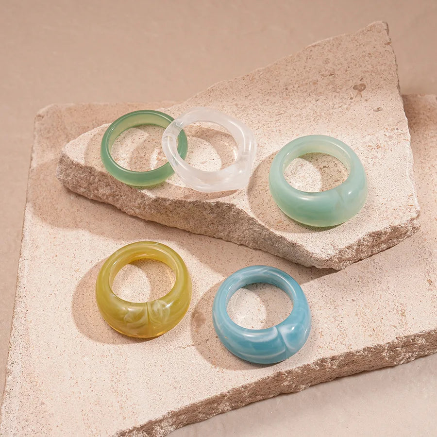 5pc smudged acrylic fashion rings in green, clear, mint, yellow, and blue by DIVINE TIMES.