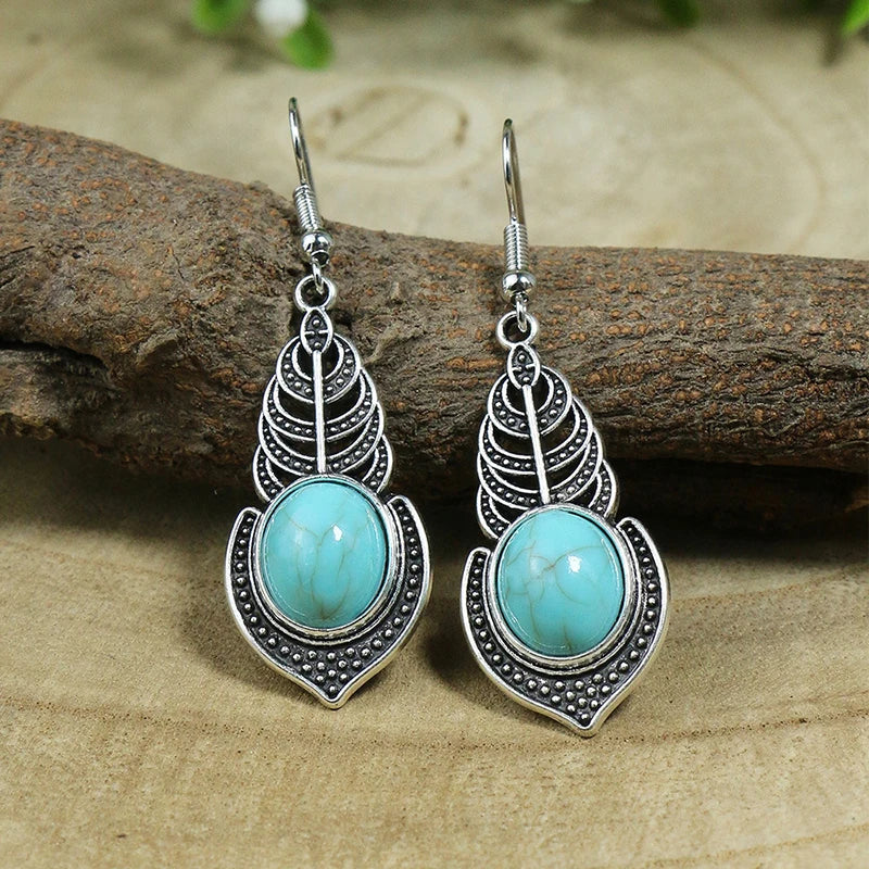 011 - Bohemian Vintage Tibetan Silver & Turquoise Geometric Drop Earrings