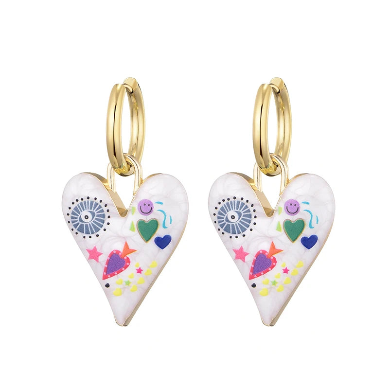 011 - Heart & Eye Stainless Steel Drop Charm Earrings