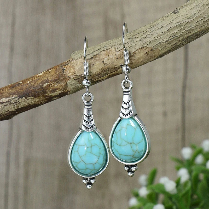 011 - Bohemian Vintage Tibetan Silver & Turquoise Geometric Drop Earrings