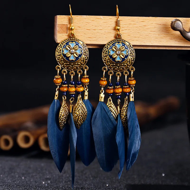 011 - Bohemian Vintage Leaf Feather Earrings