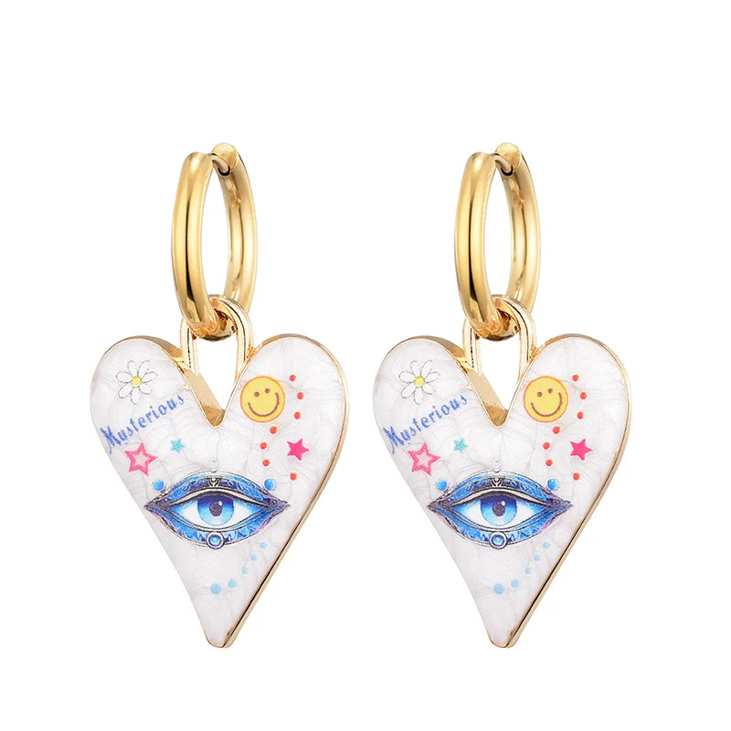 011 - Heart & Eye Stainless Steel Drop Charm Earrings